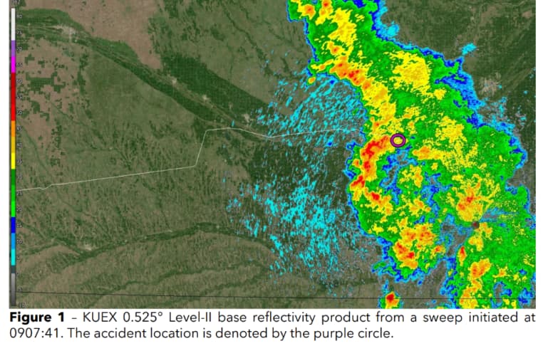 Weather radar image showing areas of heavy precipitation over Nebraska on June 2, 2023. The aircraft’s crash location is marked by a purple circle within a region of extreme reflectivity.